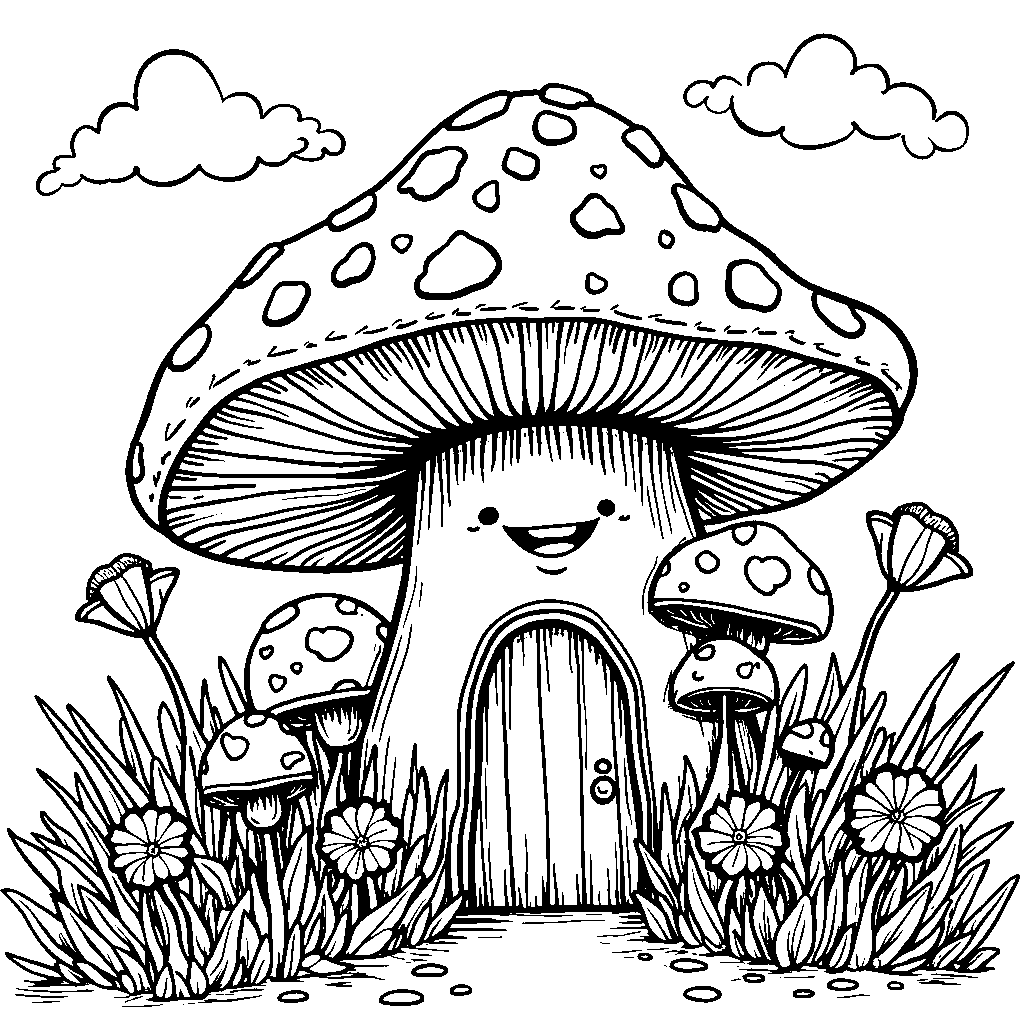 A smiling mushroom house with a garden