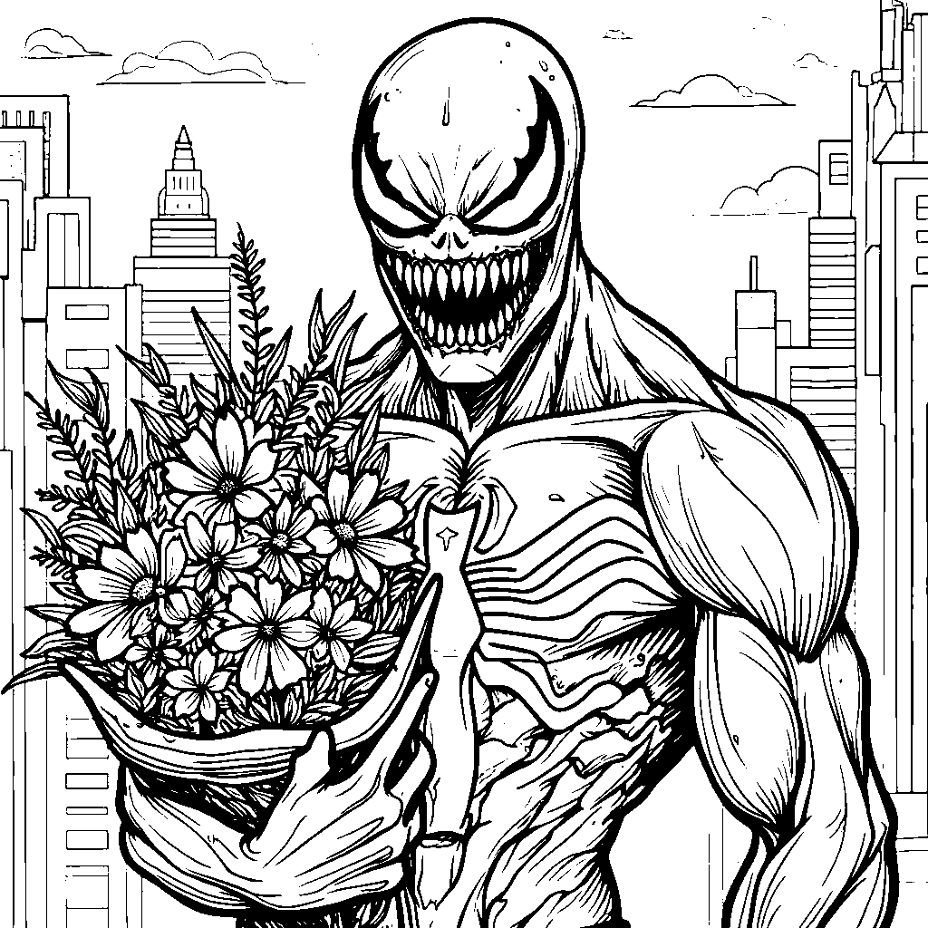 Venom holding a bouquet of flowers