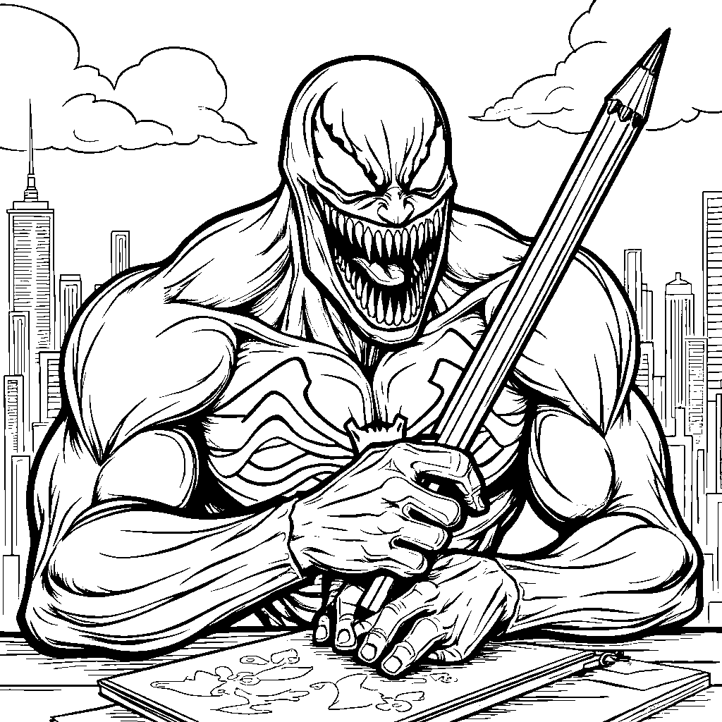 Venom holding a giant pencil and drawing a picture