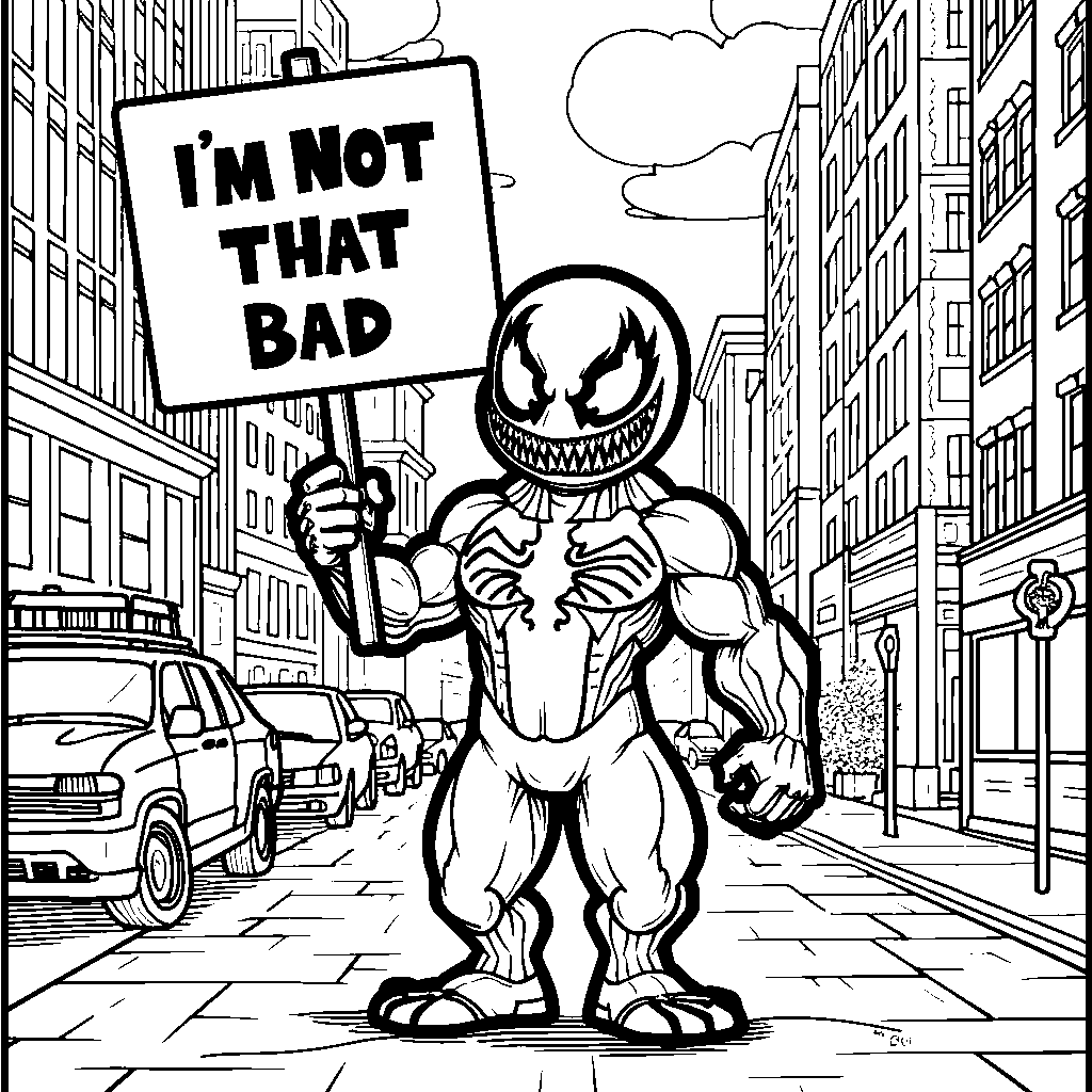 Venom holding a sign that says 'I'm not that bad'