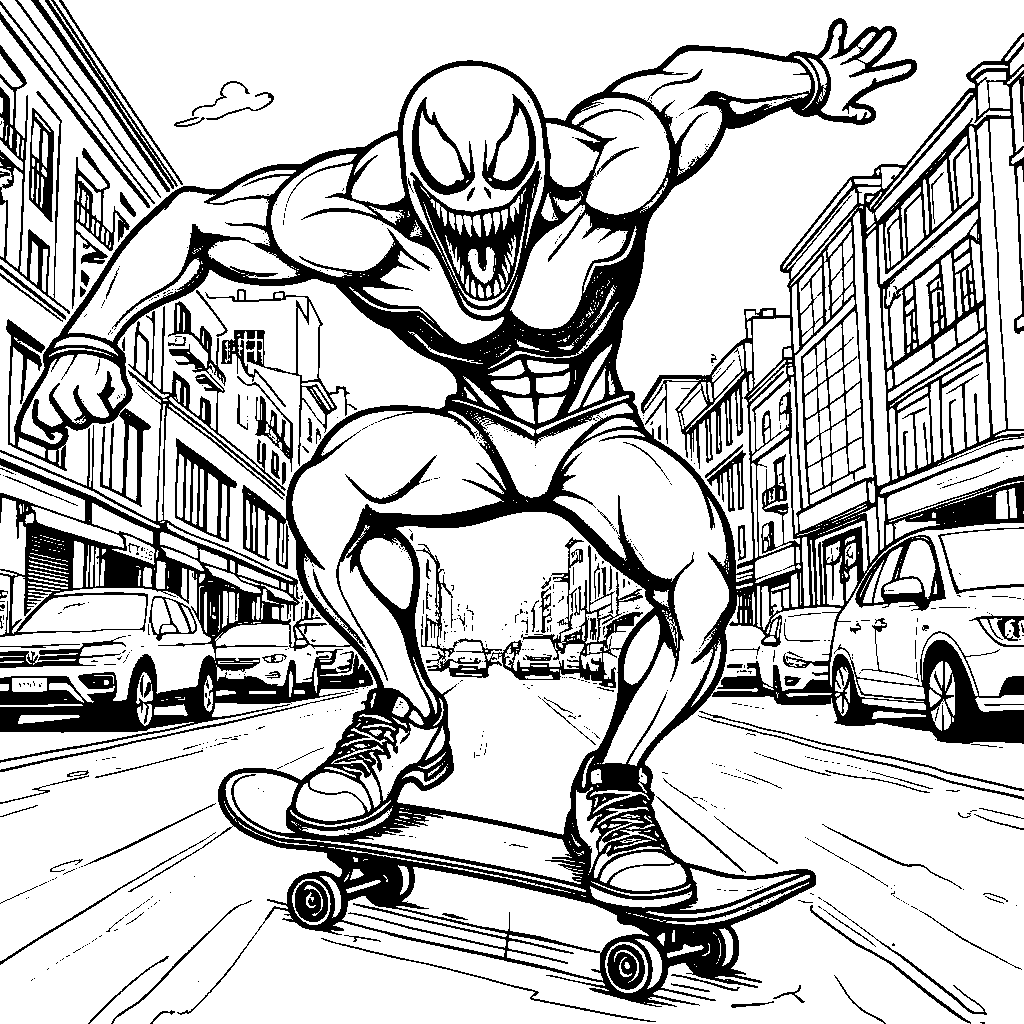 Venom riding a skateboard through the city streets