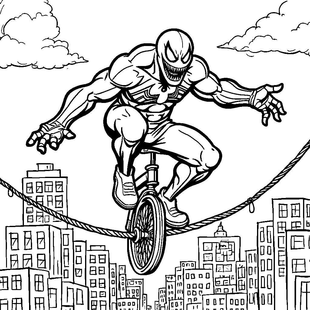 Venom riding a unicycle on a tightrope