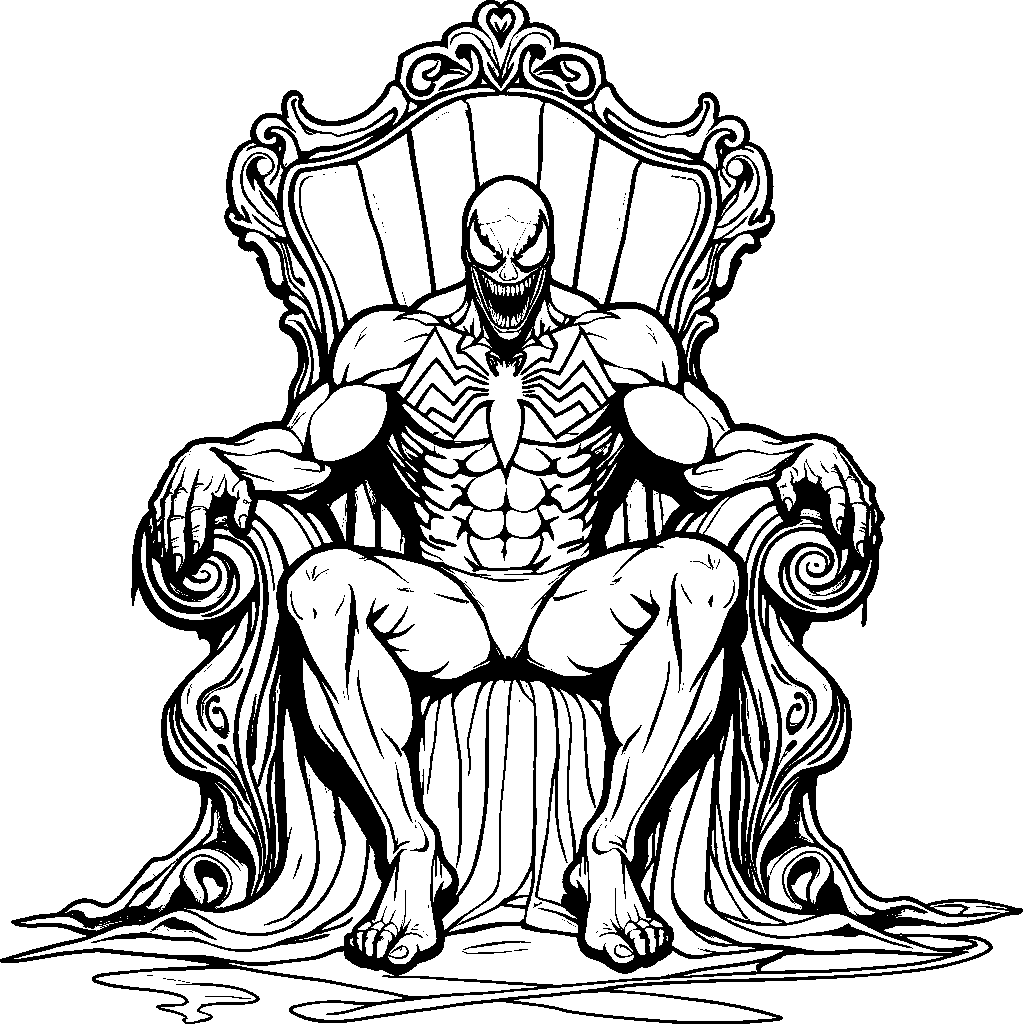 Venom sitting on a throne made of spider webs