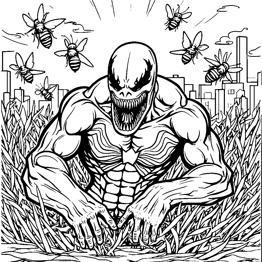 Venom surrounded by a swarm of bees