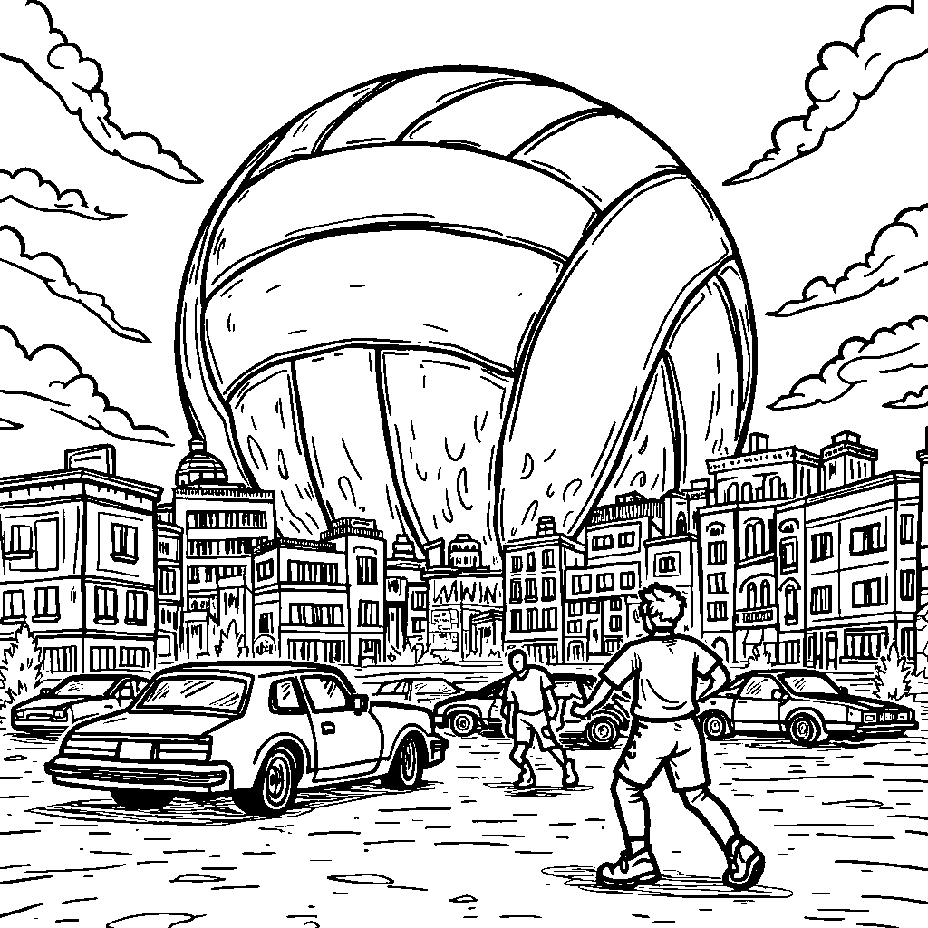 A giant volleyball crushing a city