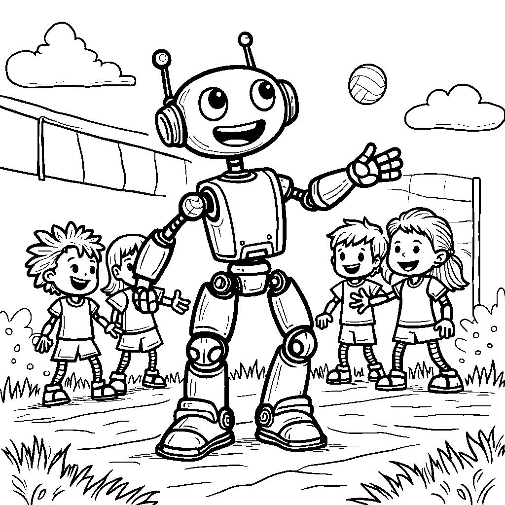 A robot playing volleyball with kids