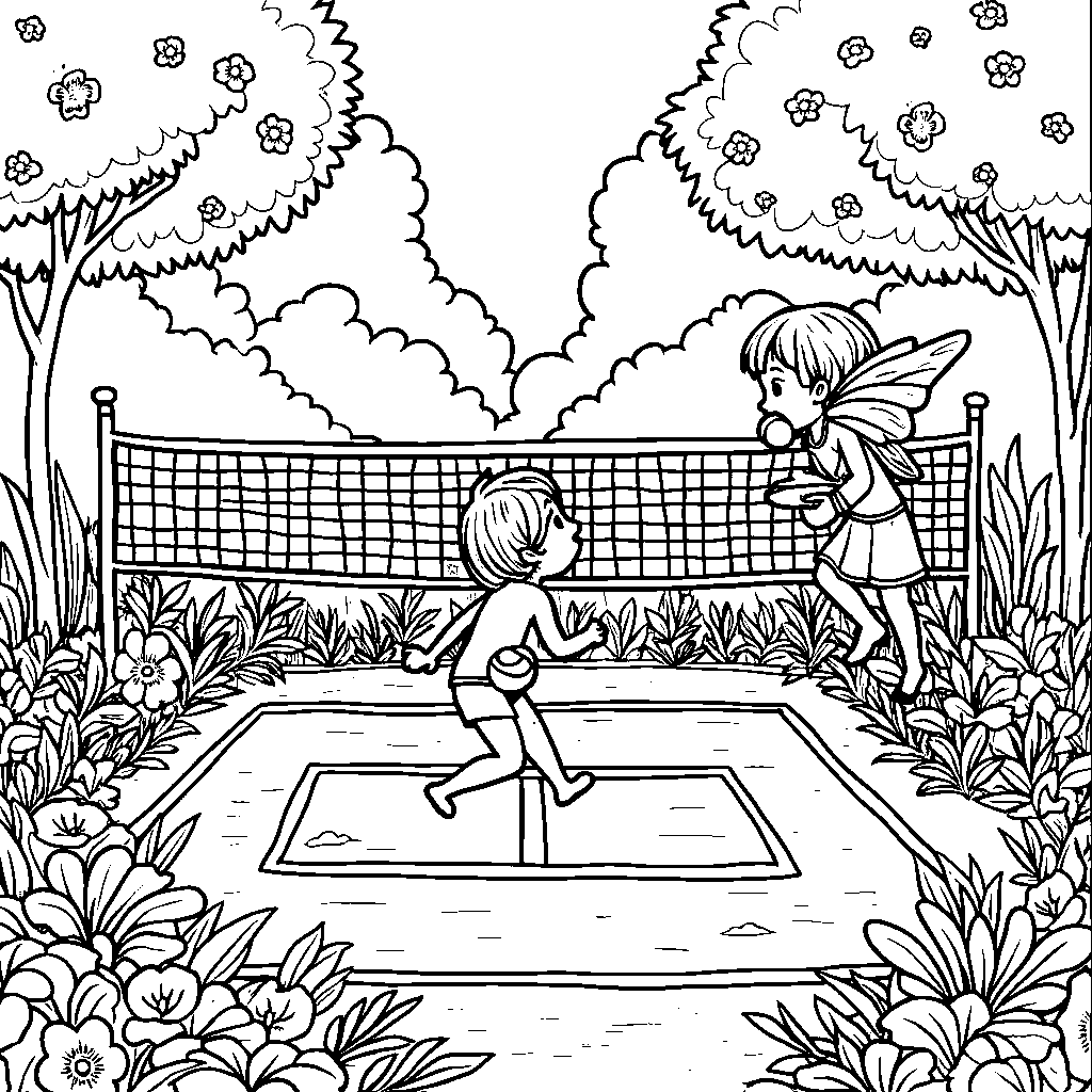 A volleyball court in a fairy garden