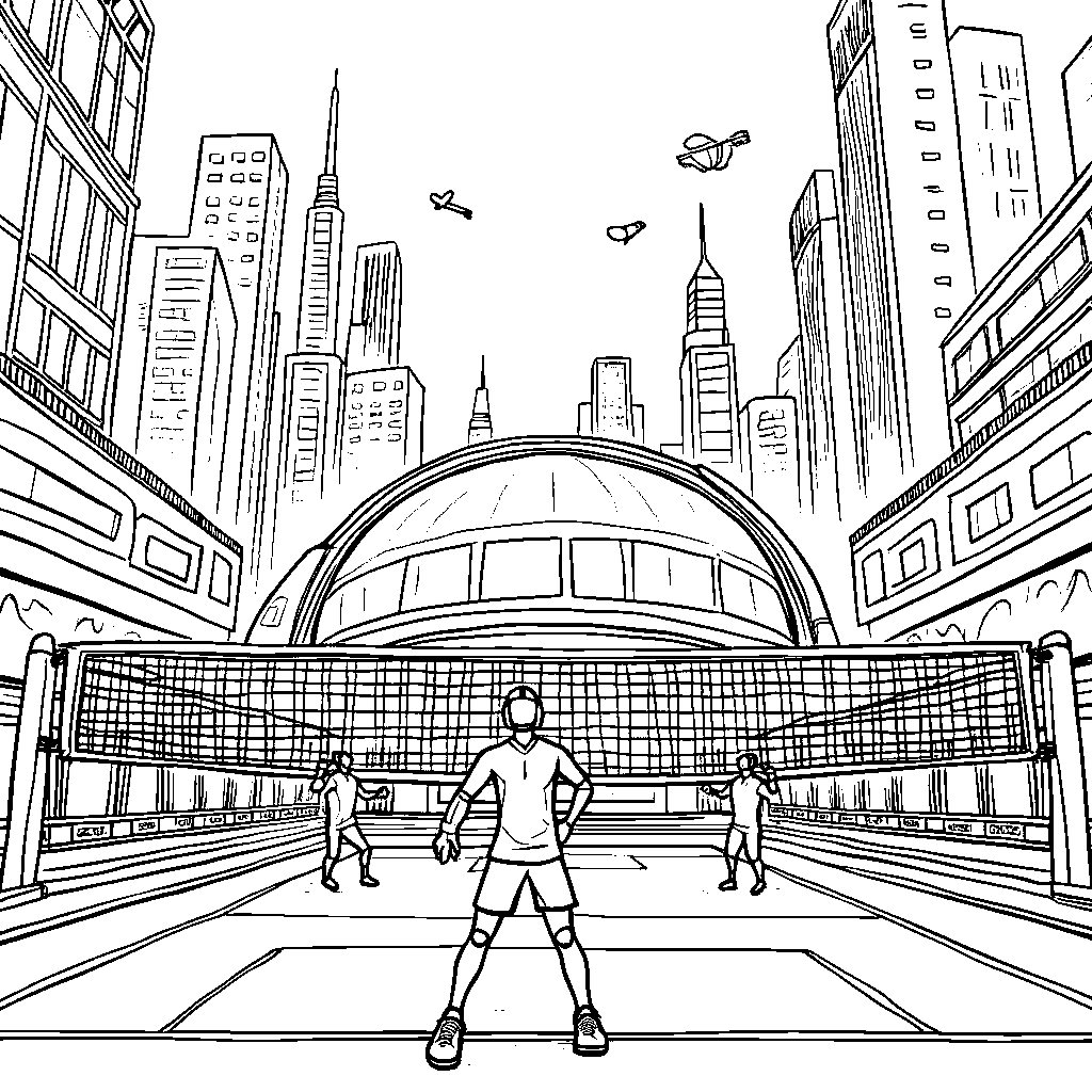 A volleyball court in a futuristic city