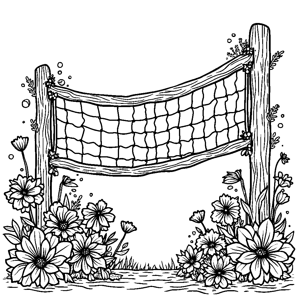 A volleyball net made of rainbow-colored flowers