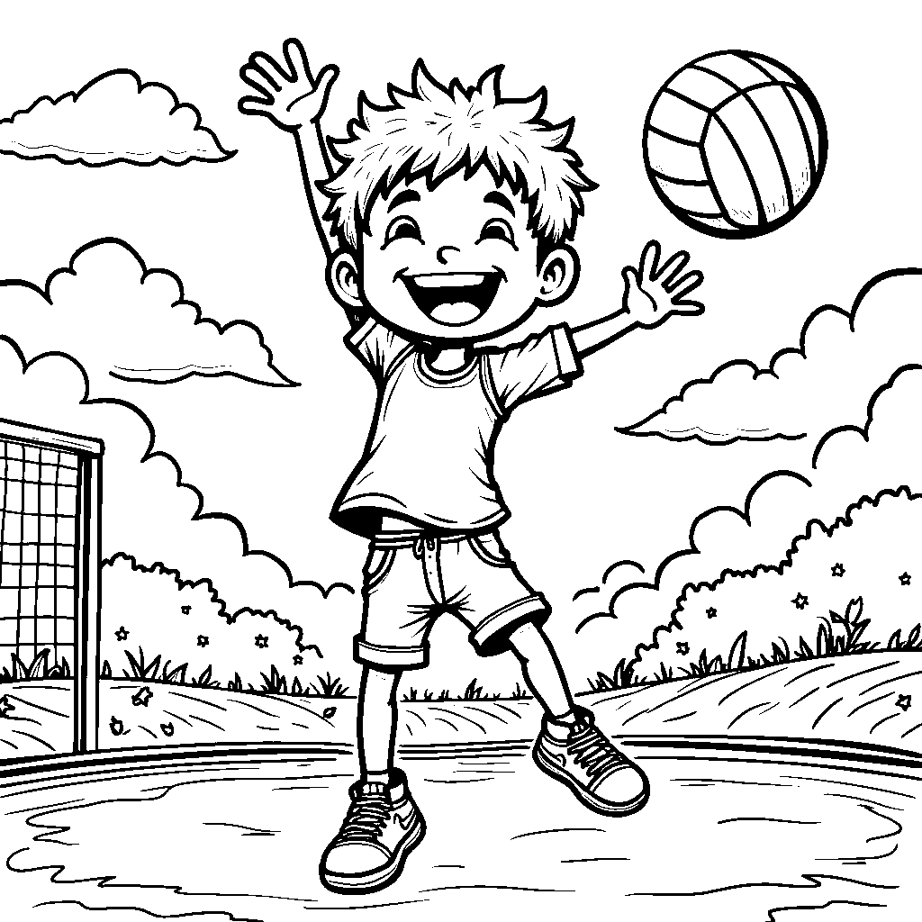 A happy kid jumping high to spike a volleyball