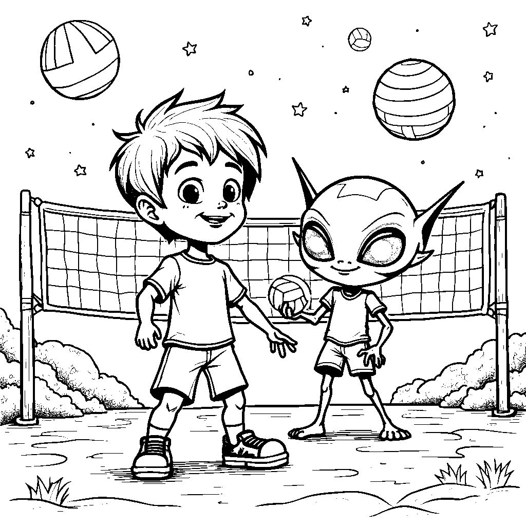 A kid playing volleyball with a friendly alien