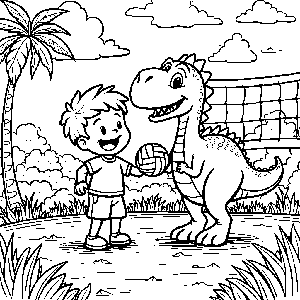 A kid playing volleyball with a friendly dinosaur