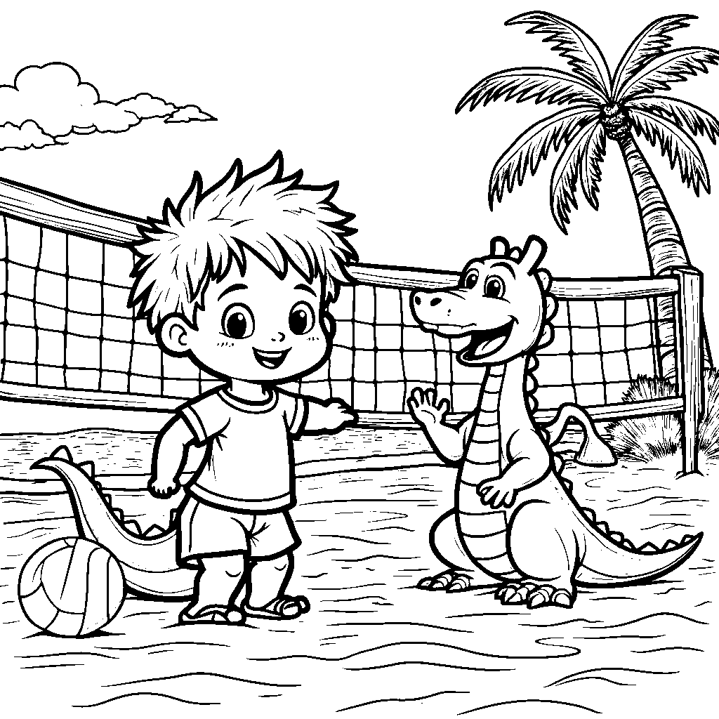 A kid playing volleyball with a friendly dragon