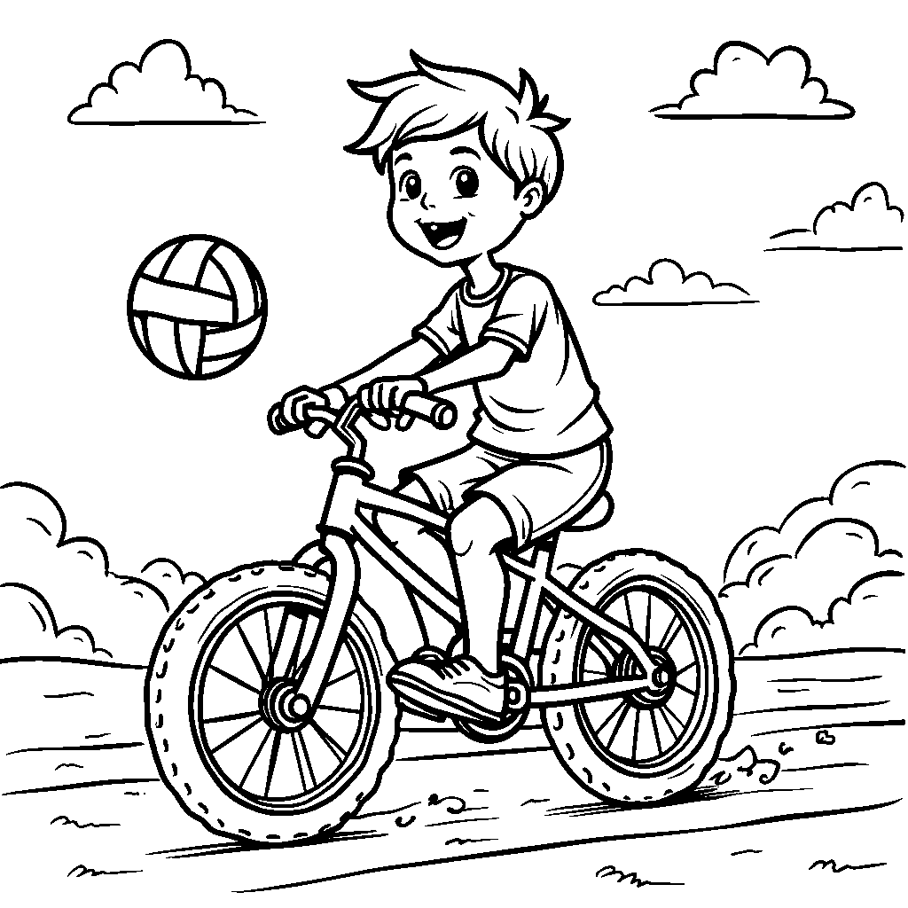 A kid riding a bike while holding a volleyball