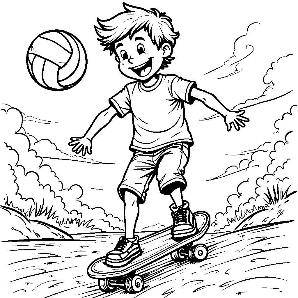 A kid riding a skateboard while holding a volleyball