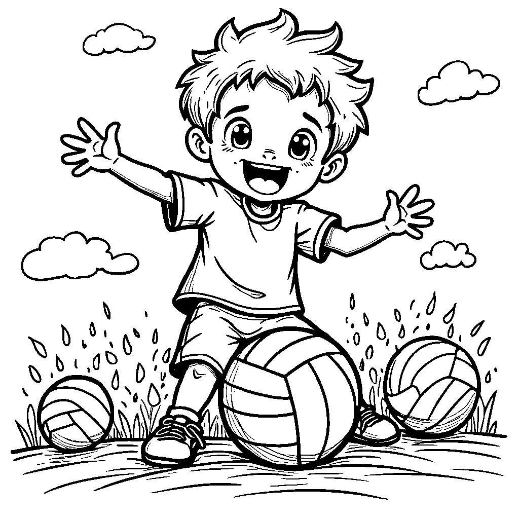 A kid surrounded by volleyballs of different sizes