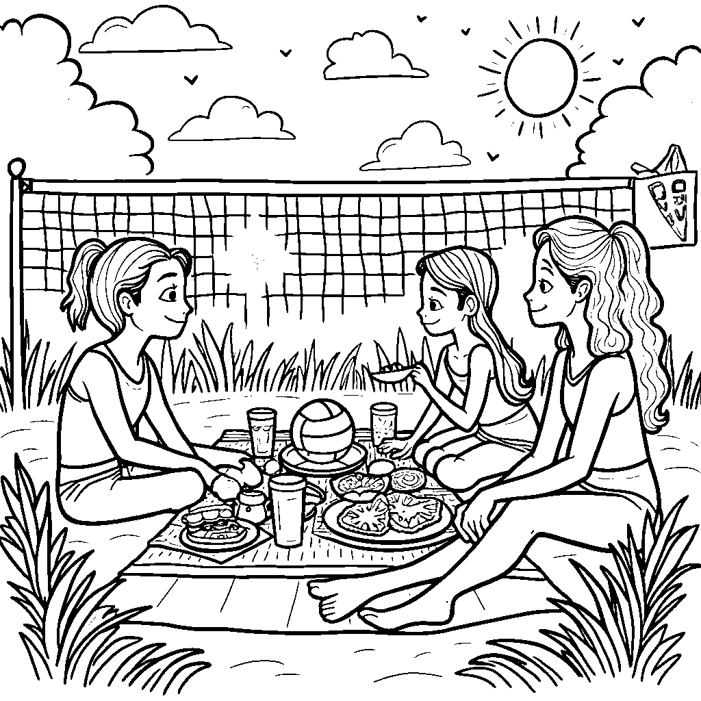 Volleyball players having a picnic on the court