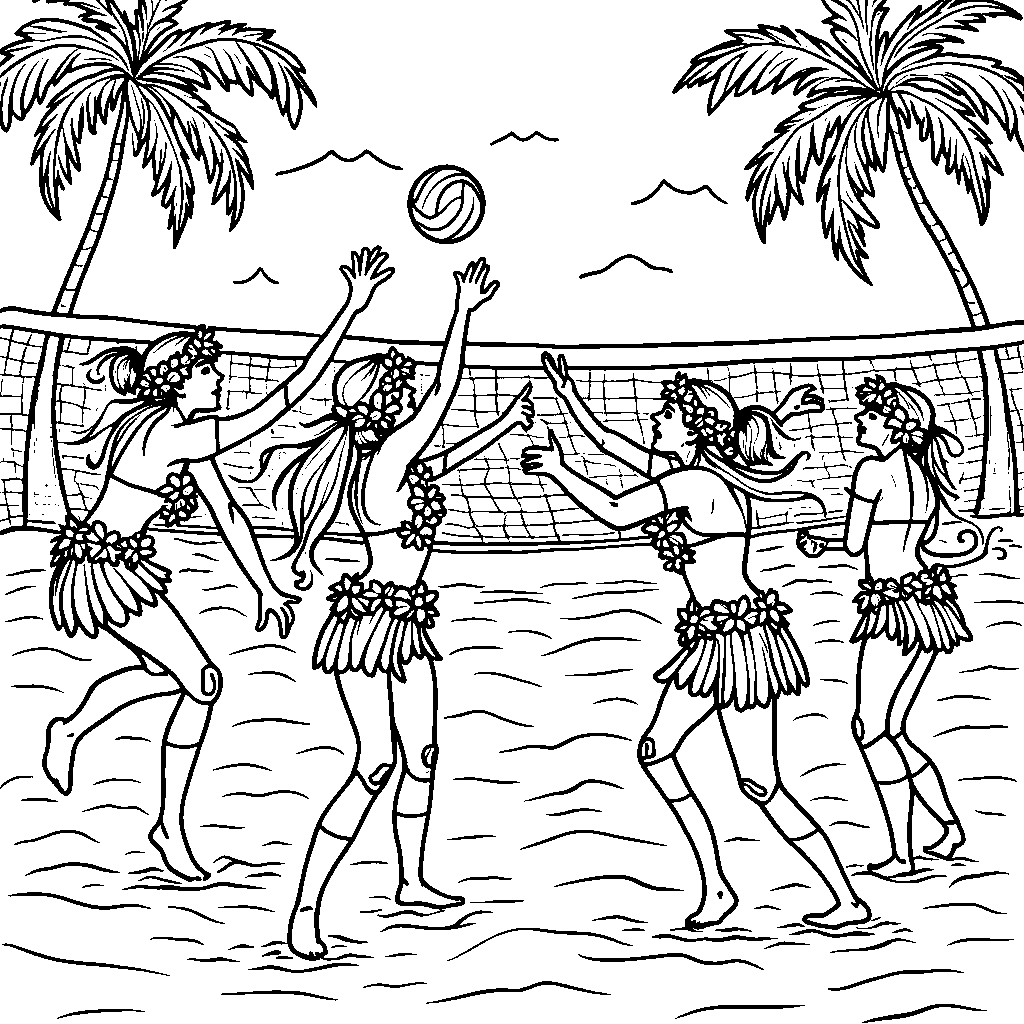 Volleyball players in Hawaiian costumes