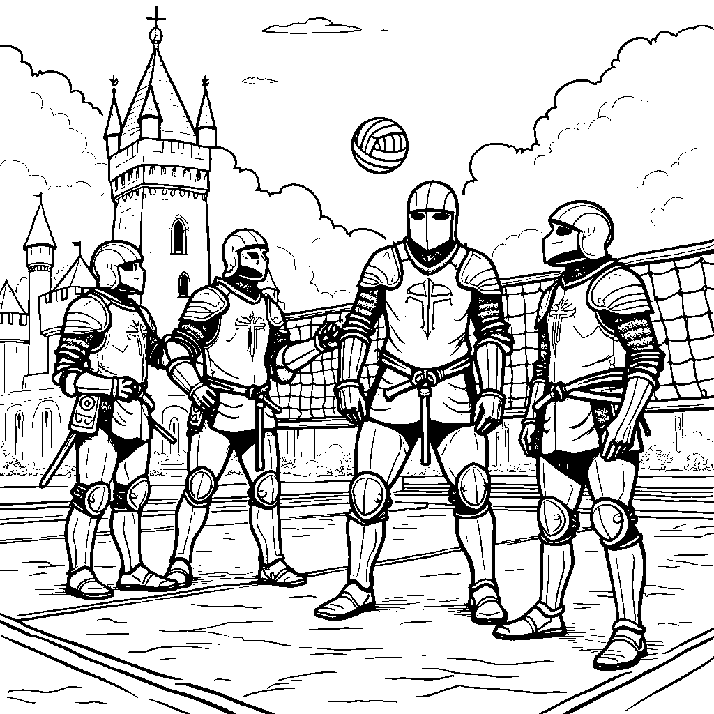 Volleyball players in medieval knight costumes