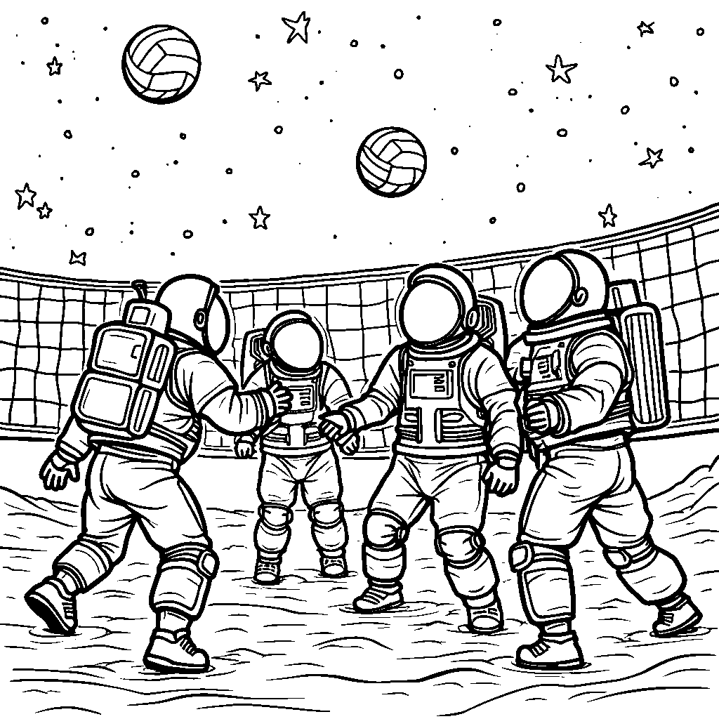 Volleyball players in space suits