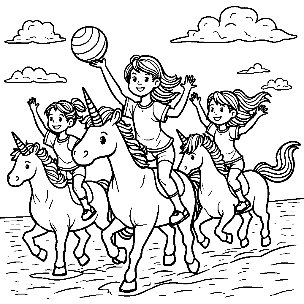 Volleyball players riding unicorns