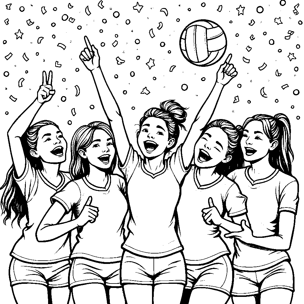 Volleyball team celebrating a win with confetti