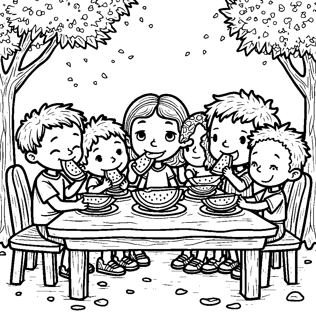 A group of kids having a watermelon-eating contest