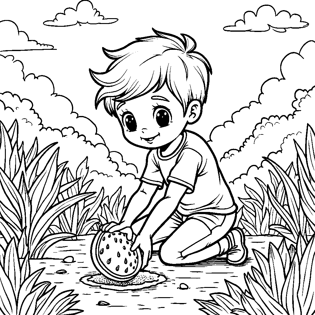 A kid planting a watermelon seed in the ground