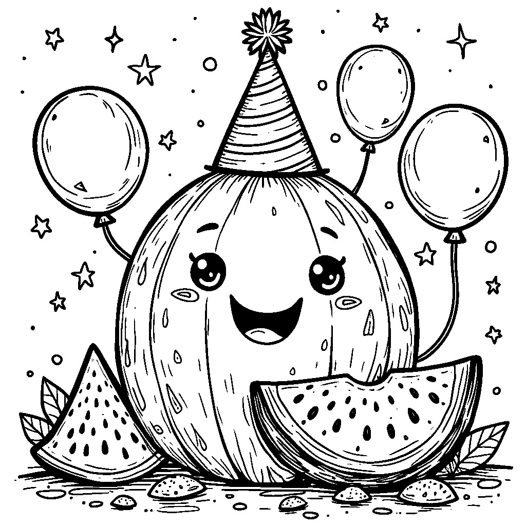 A smiling watermelon with a party hat on