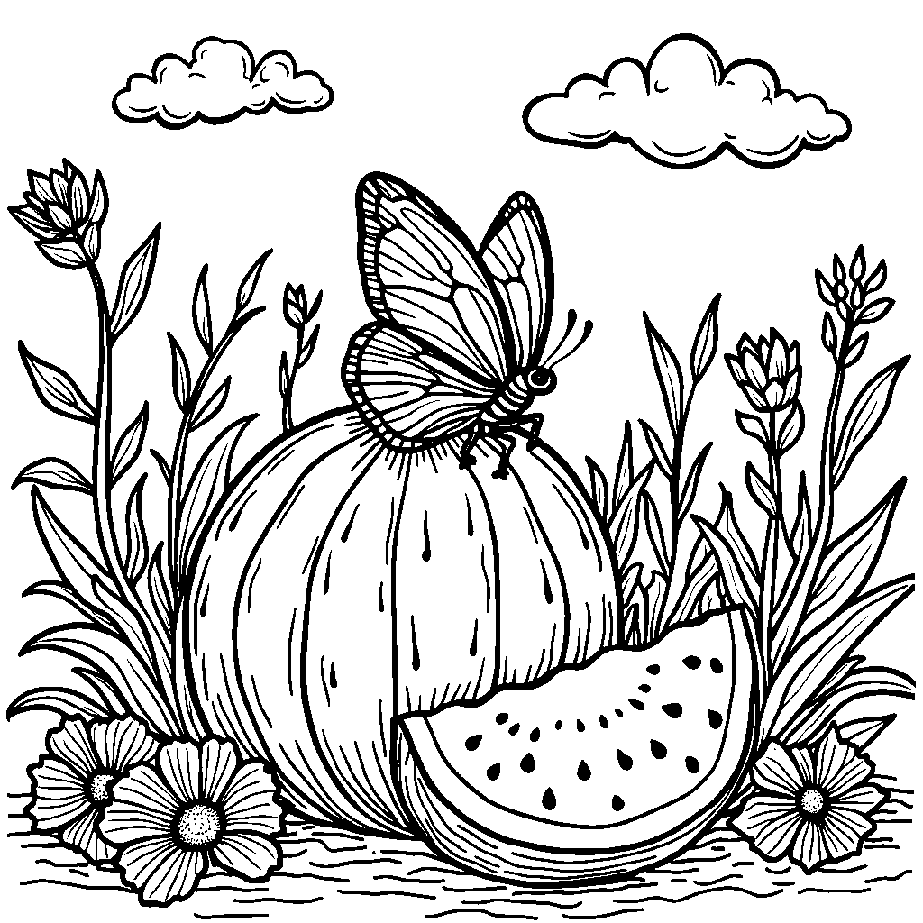 A watermelon patch with a beautiful butterfly nearby