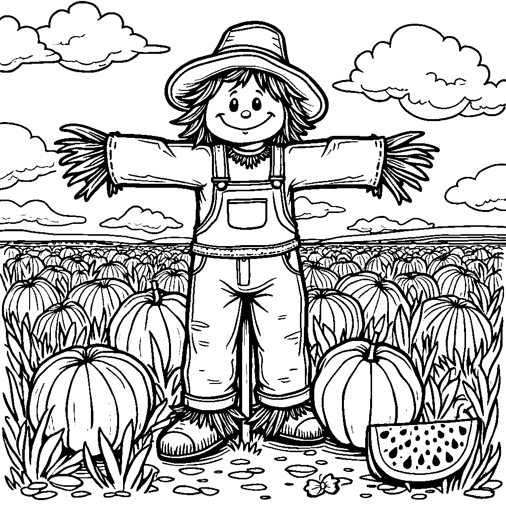 A watermelon patch with a scarecrow watching over it