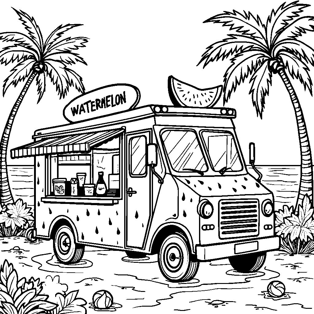 A watermelon-themed food truck at the beach