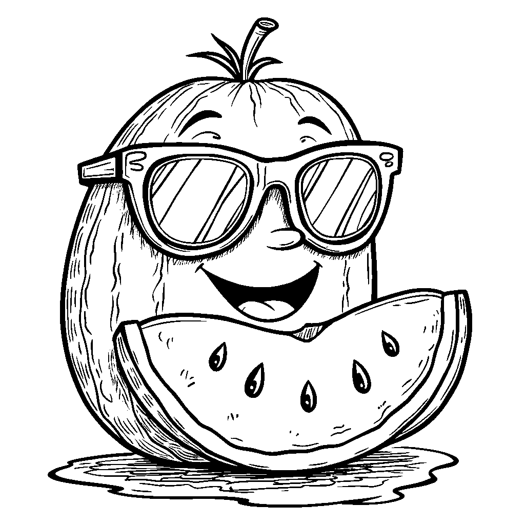 A cartoon watermelon character wearing sunglasses