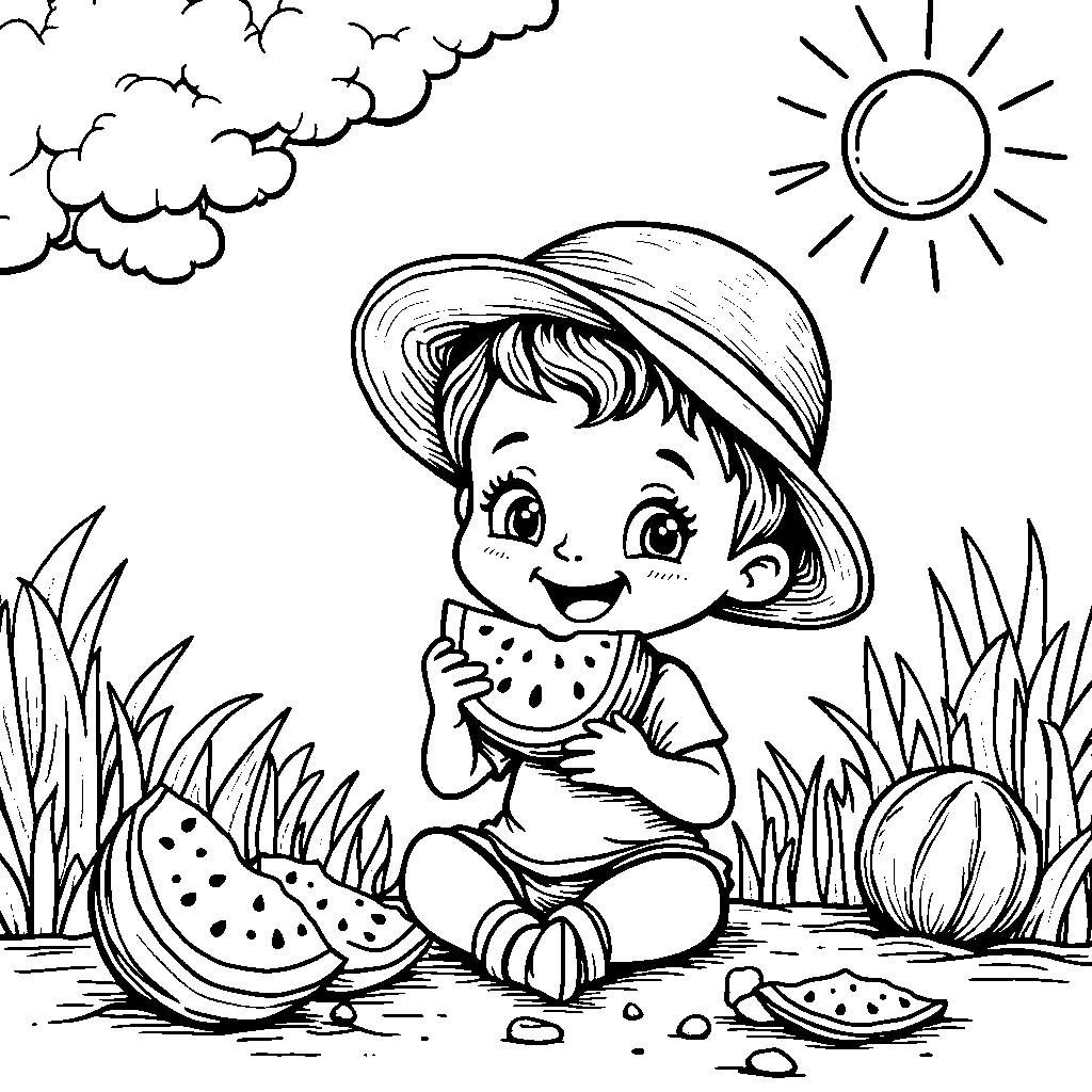 A kid eating a slice of watermelon on a hot summer day