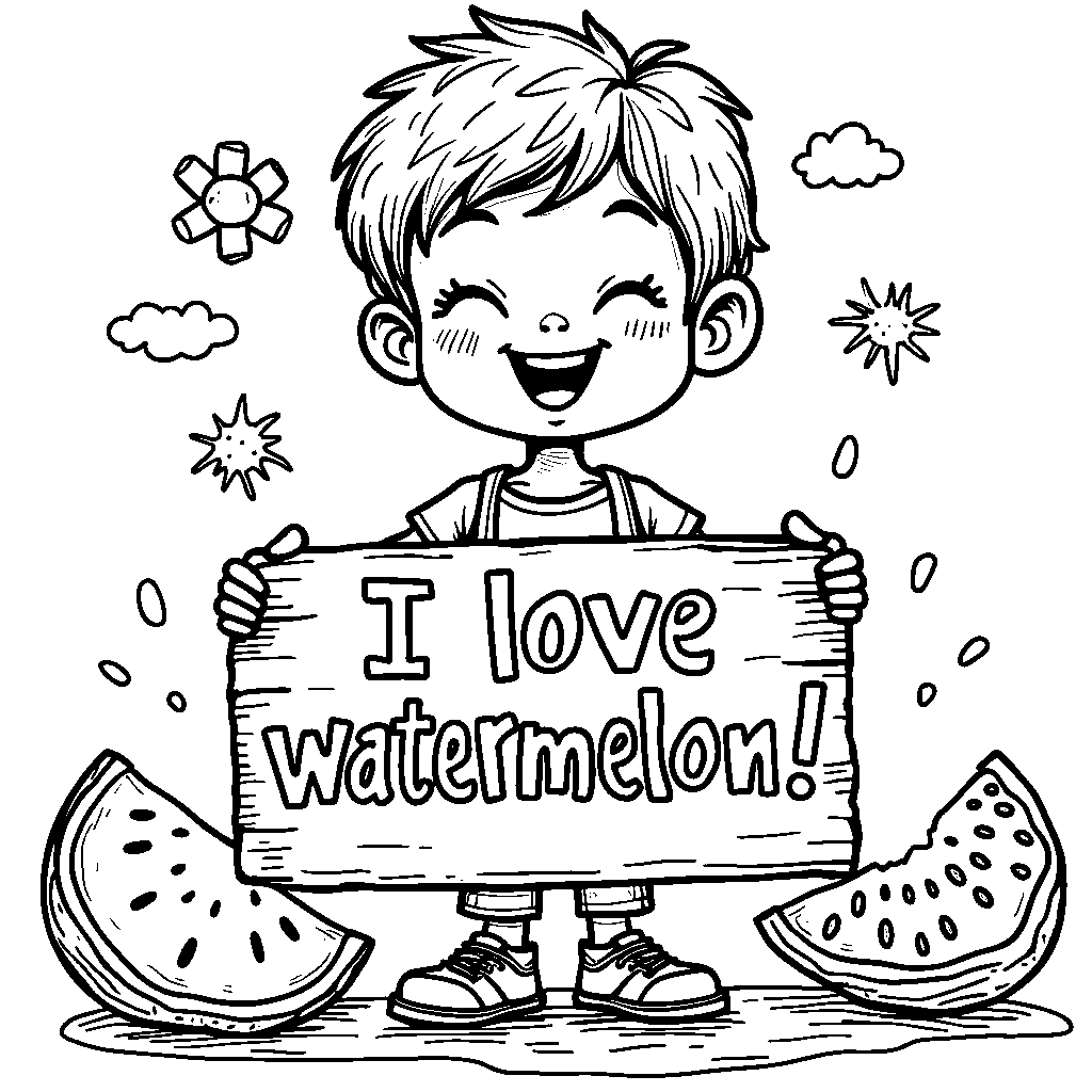 A kid holding a sign that says 'I love watermelon!'