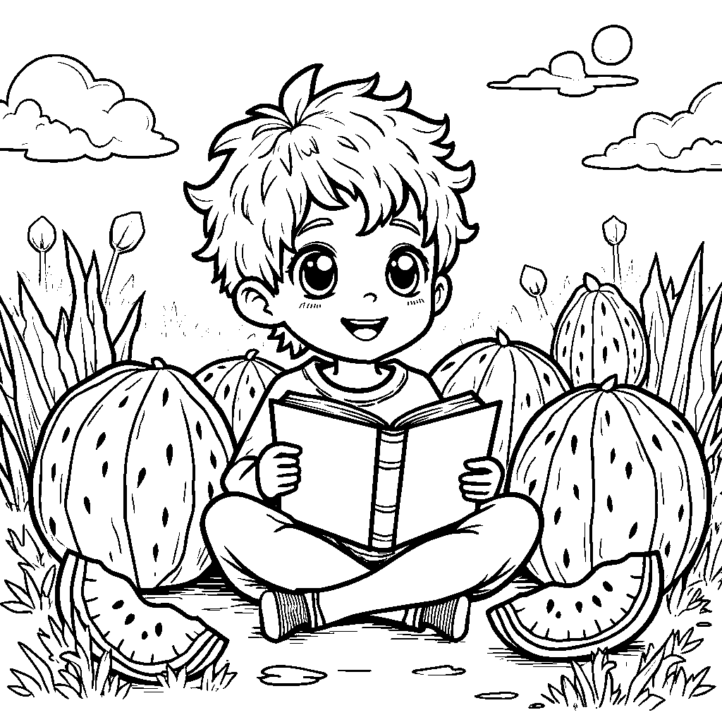 A kid sitting in a watermelon patch reading a book