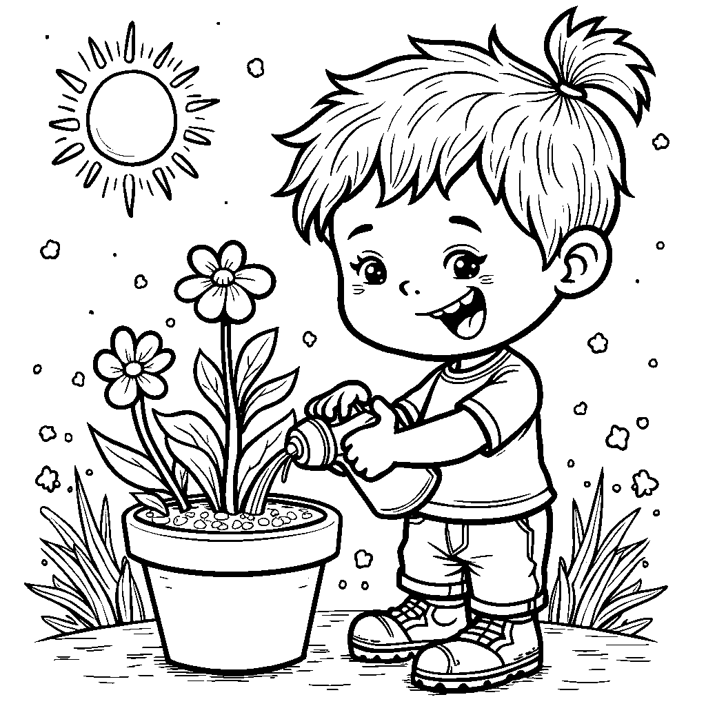 A kid watering a watermelon plant in a pot