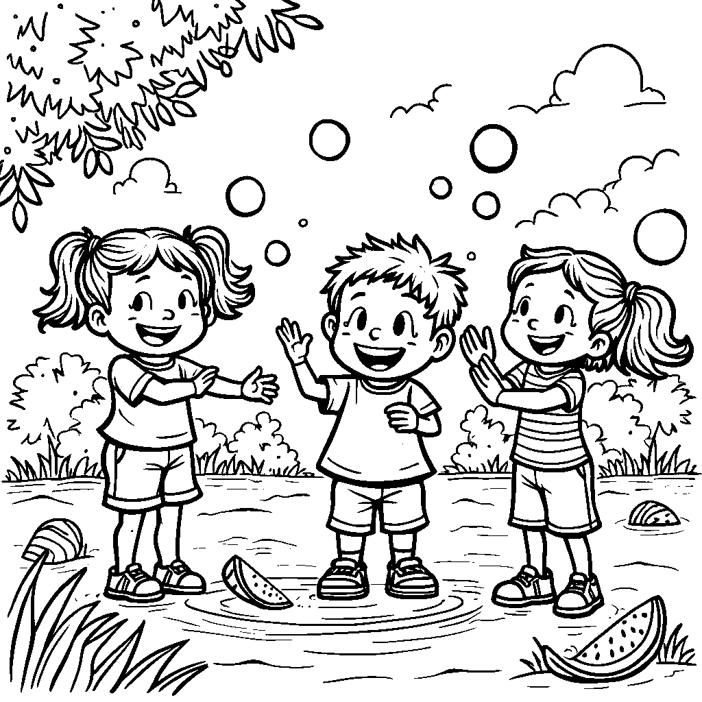 A group of kids playing with watermelon-shaped bubbles