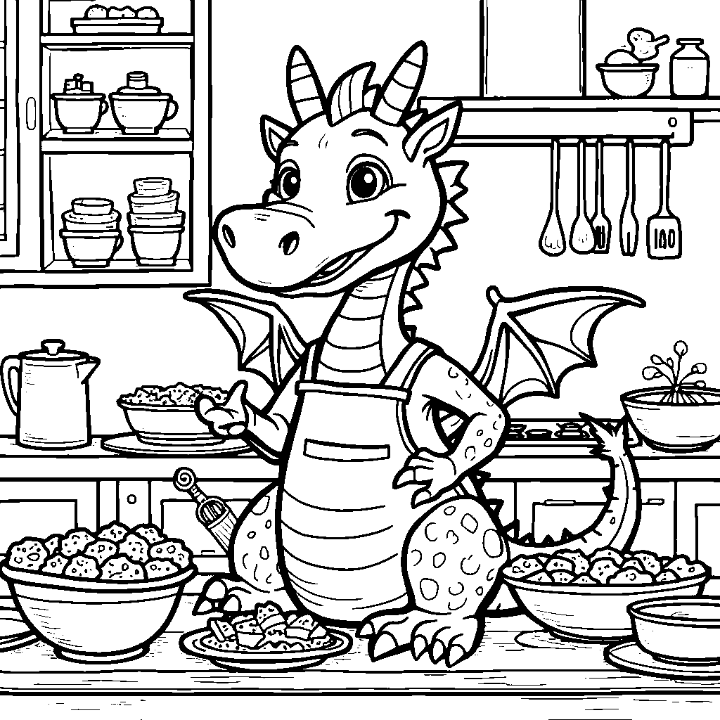 A dragon, baking cookies, with a kitchen background