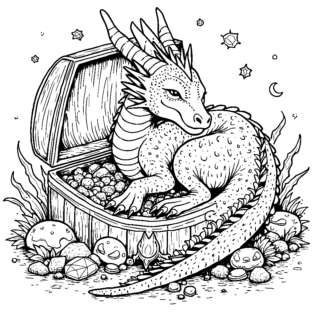 A dragon curled up, sleeping, surrounded by treasure