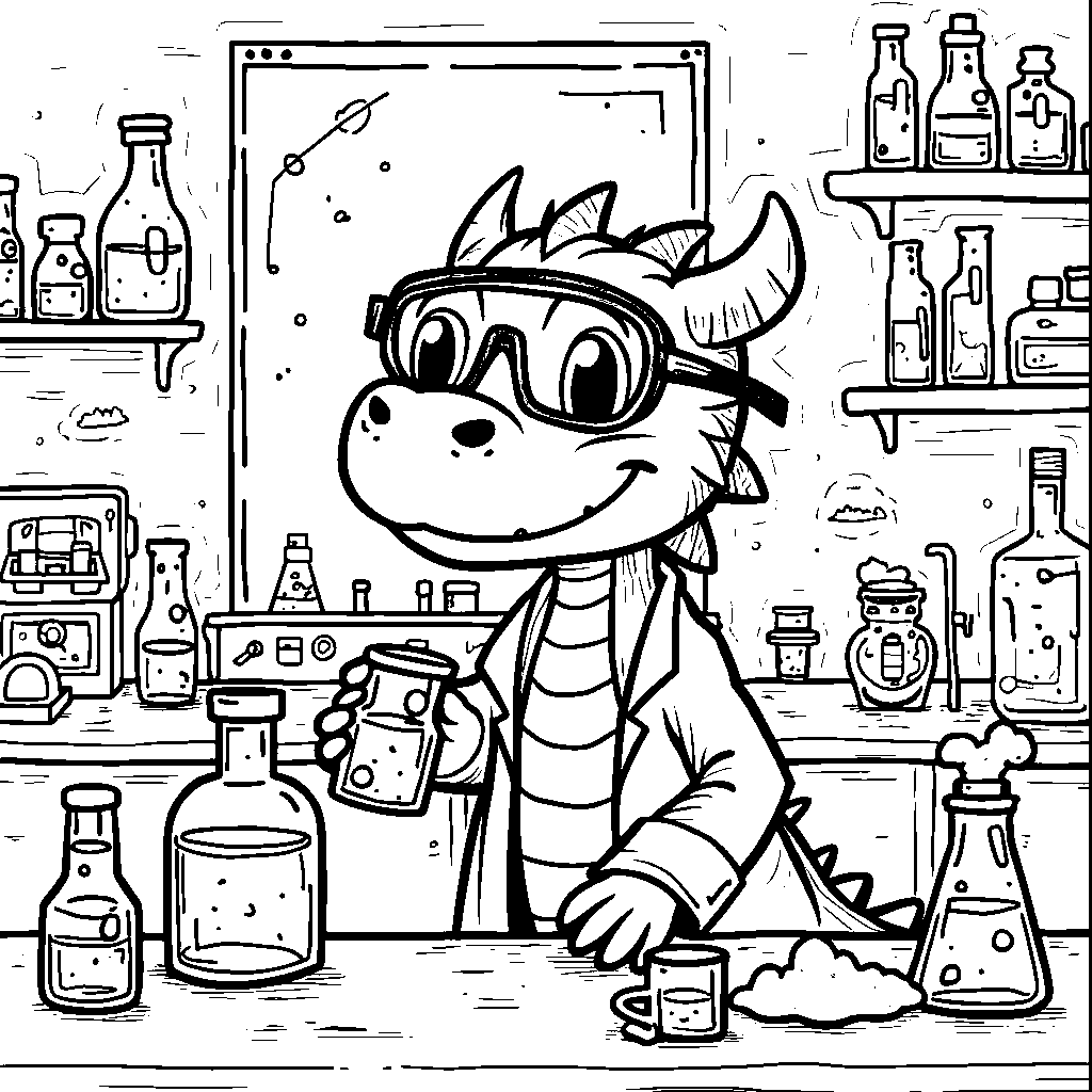 A dragon, doing a science experiment, with a laboratory background