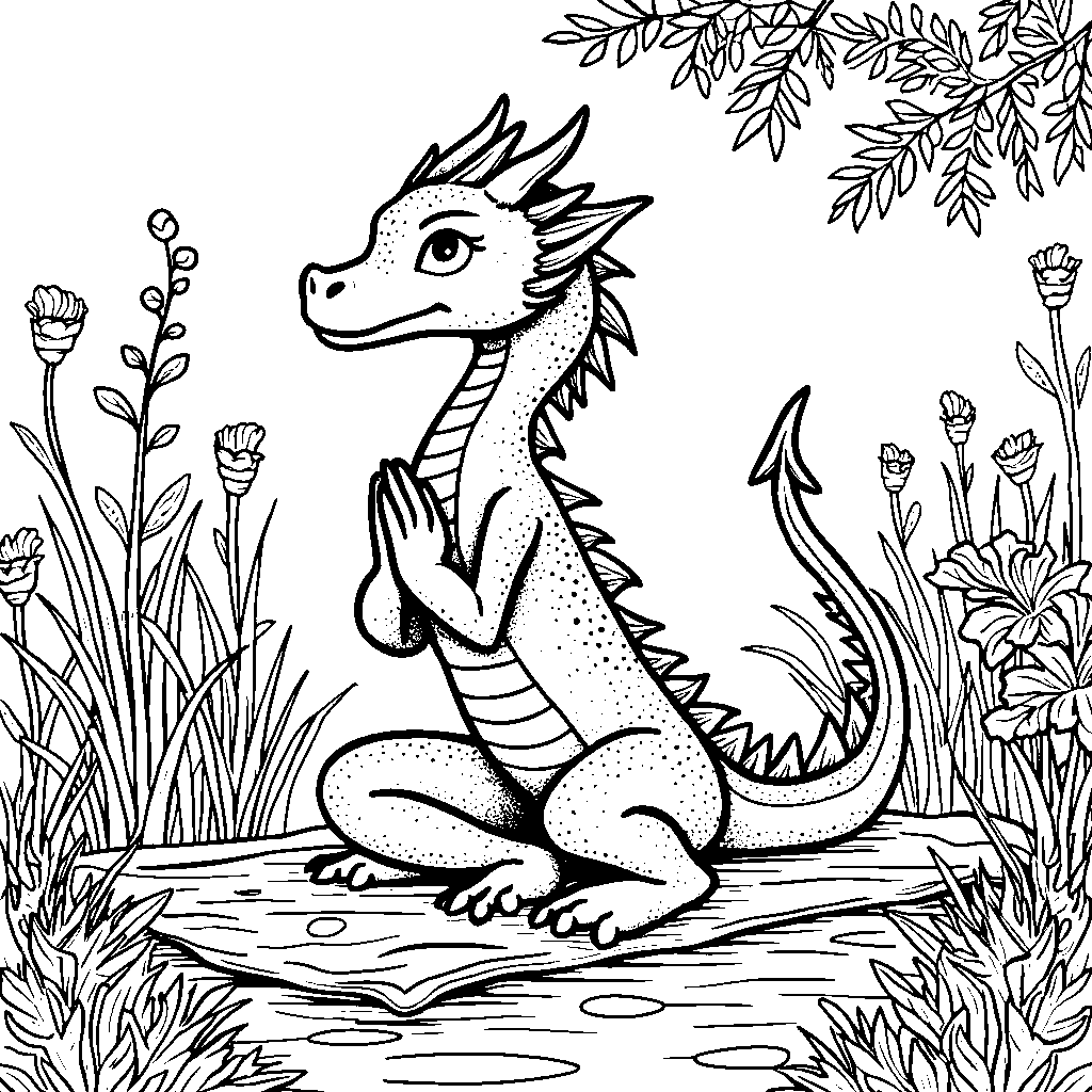 A dragon, doing yoga, with a peaceful, natural background