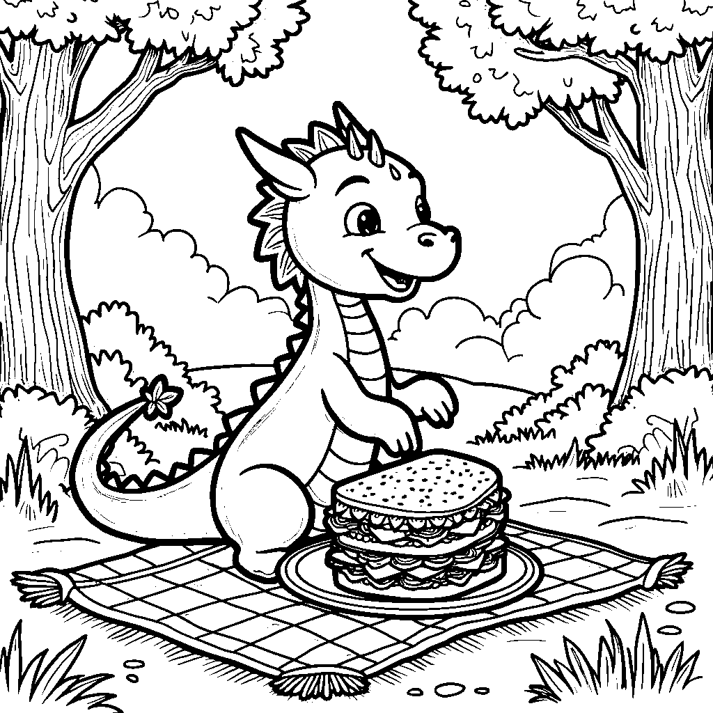 A dragon, eating a sandwich, with a picnic blanket behind