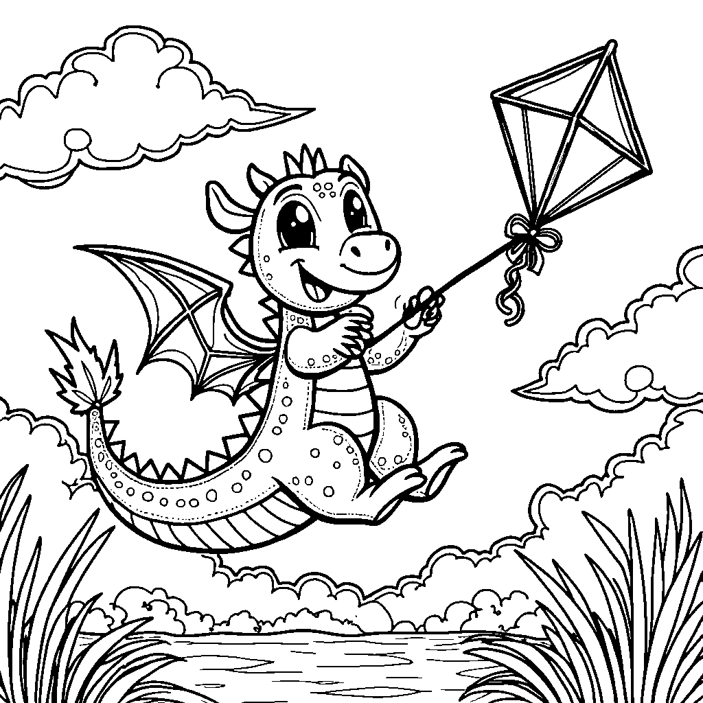 A dragon, flying a kite, with a windy day background