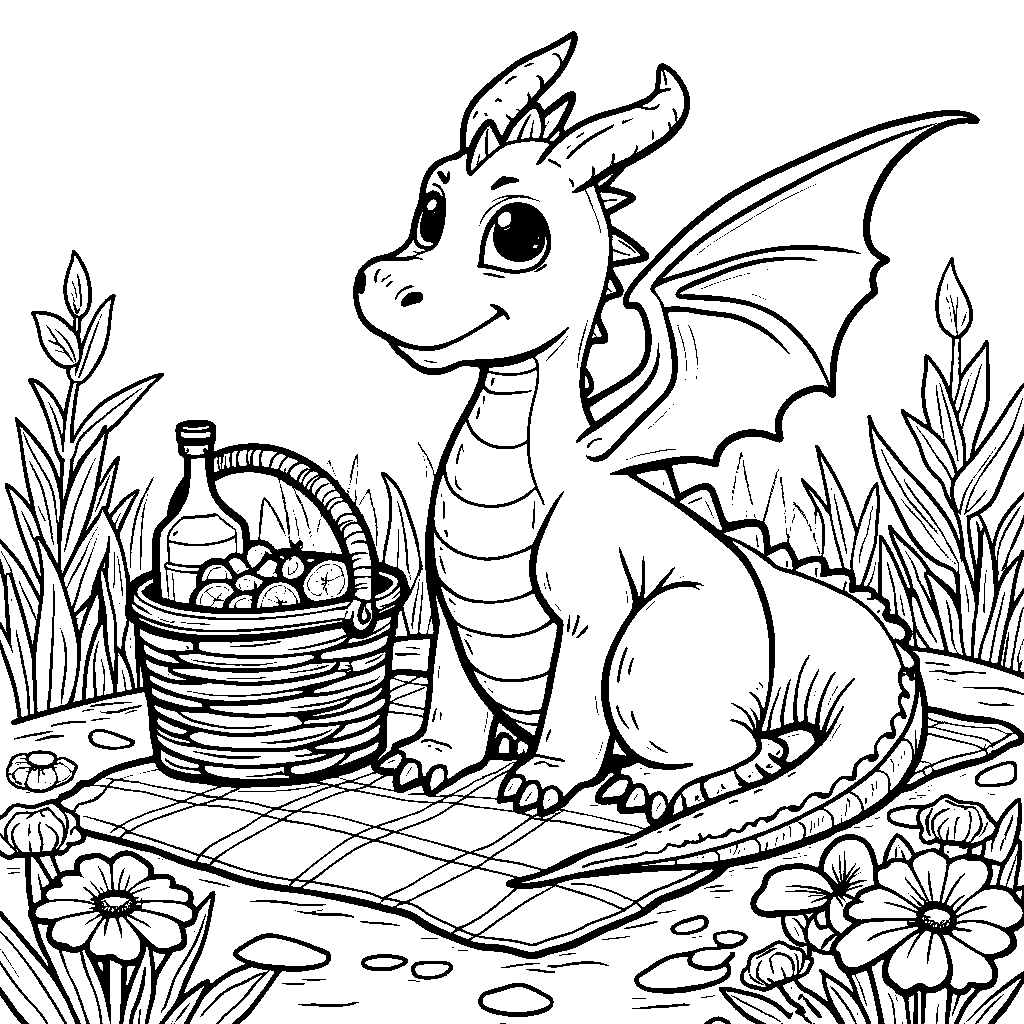 A dragon, having a picnic, with a blanket and basket