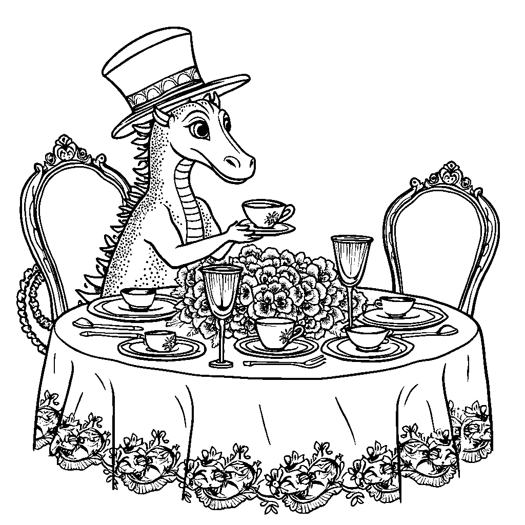 A dragon, having a tea party, with a fancy table setting