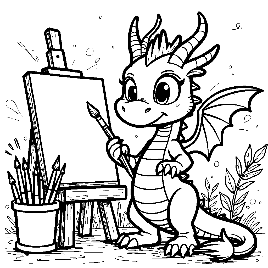 A dragon, holding a paintbrush, with an art studio background