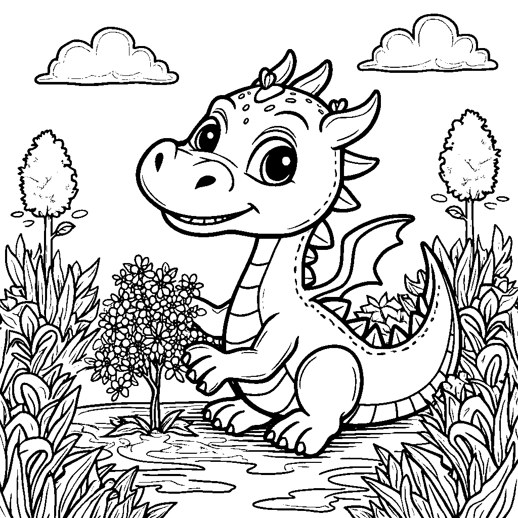 A dragon, planting a tree, with a garden background