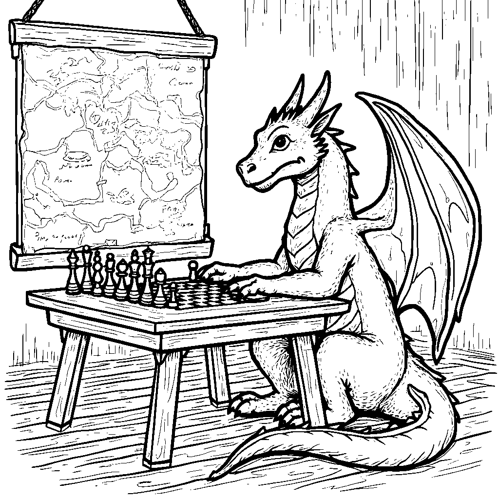 A dragon, playing chess, with a strategy board behind