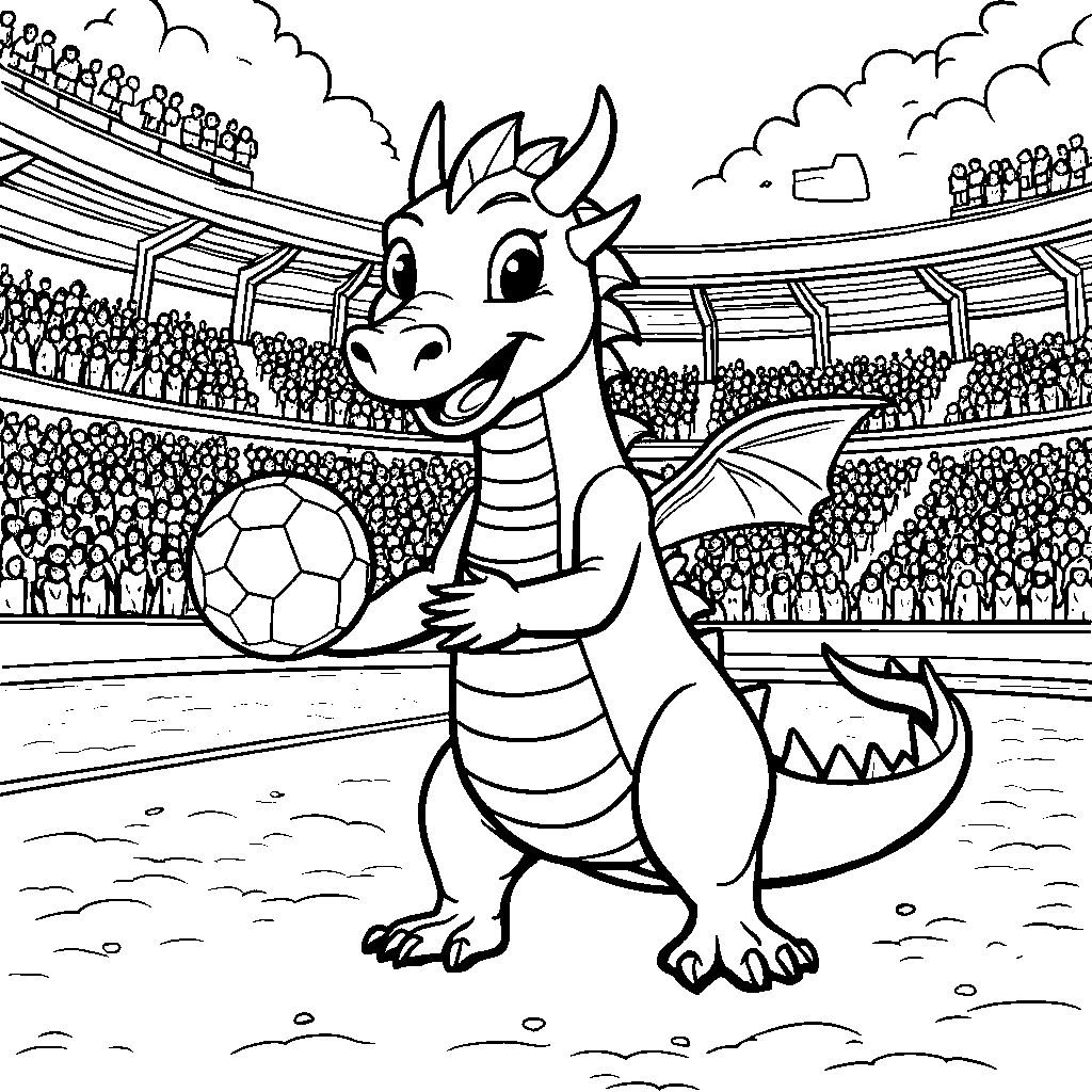 A dragon, playing with a ball, in a sports stadium